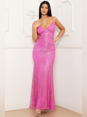 Symphony Pink Sequin Maxi Dress with Spaghetti Straps